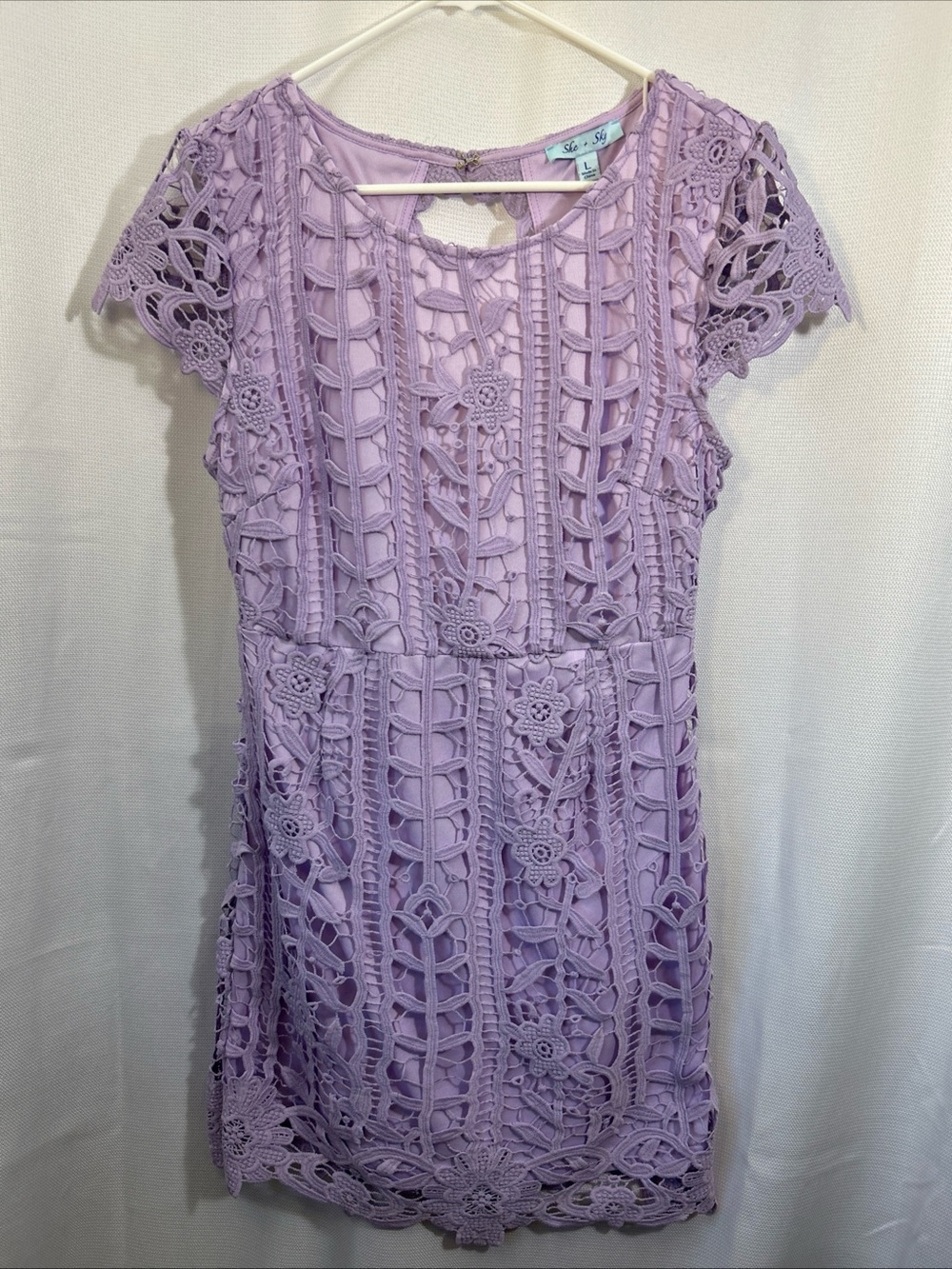 She + Sky Lavender Crochet Lace Short Sleeve Dress